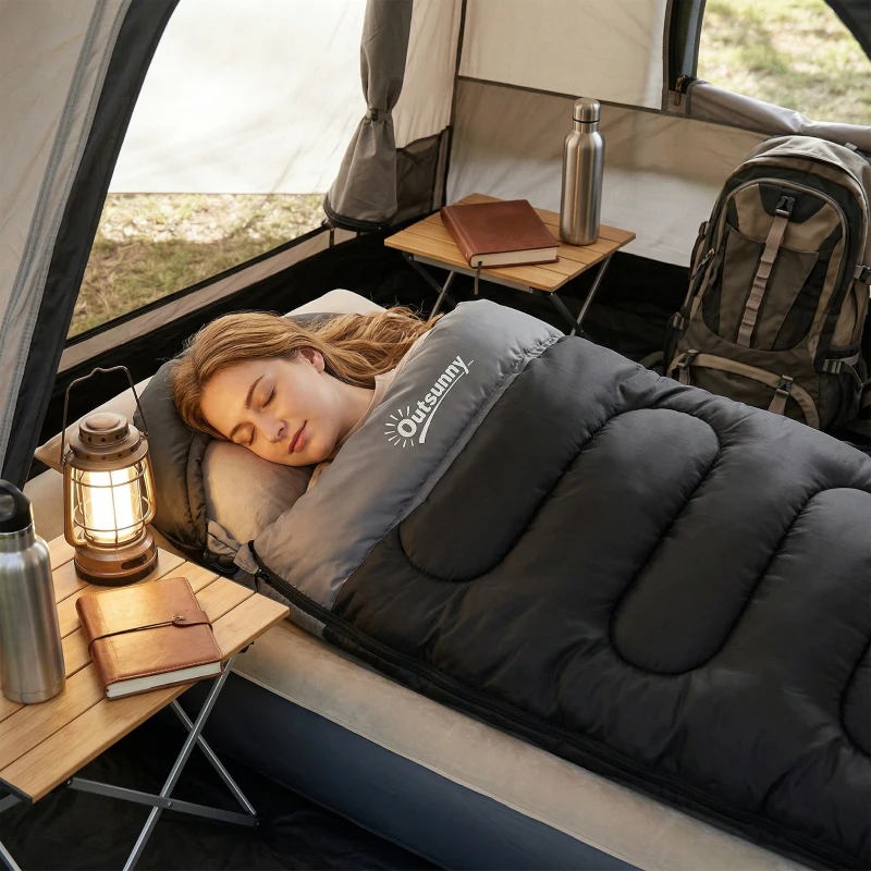 Outsunny Saco de Dormir Adulto Ligero y Compacto para 3 Estaciones Impermeable Portátil Tamaño Pequeño para Acampar Negro