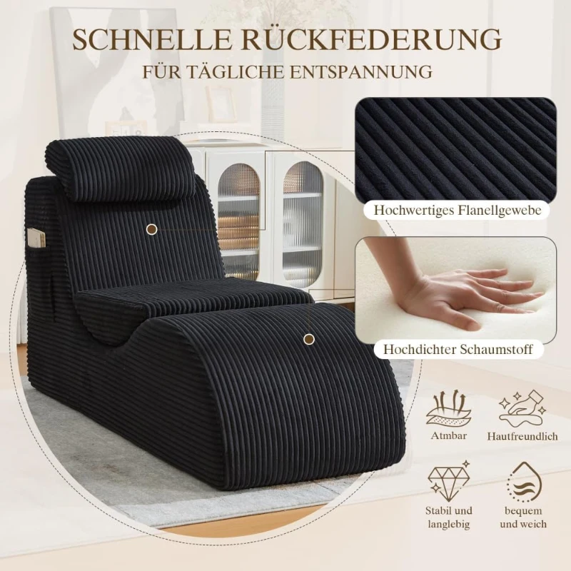 Moderner Freizeit-Sessel mit ergonomischer Rückenlehne, abnehmbarem Sitzkissen und Seitentasche, 160 x 66 x 90 cm, Schwarz