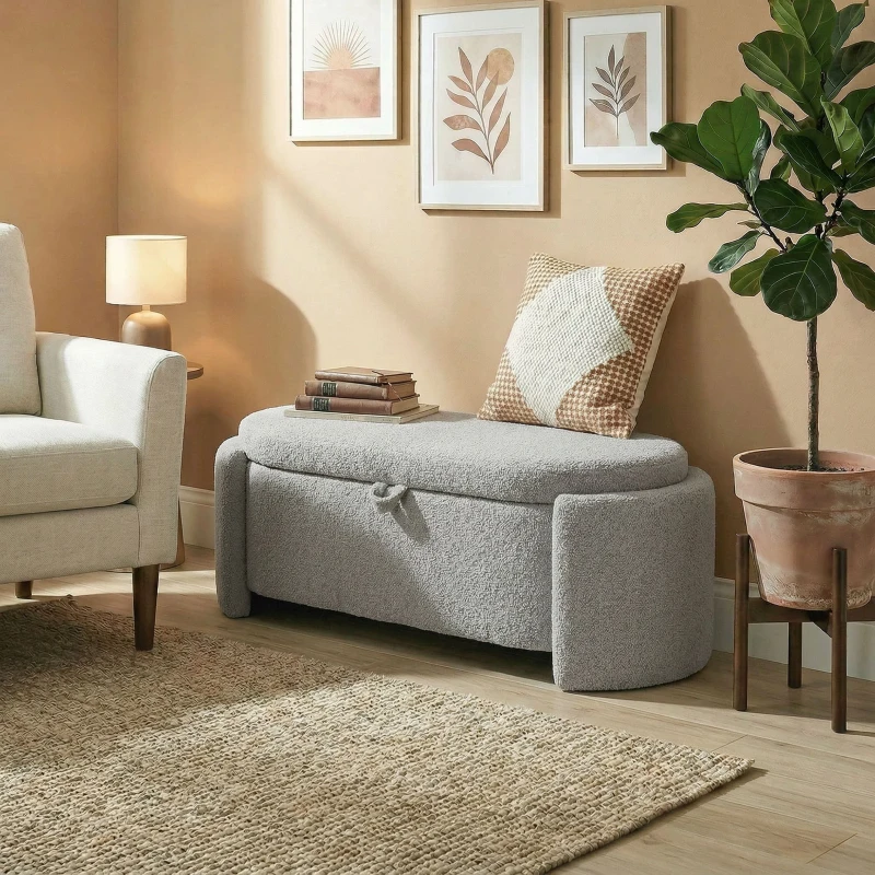 HOMCOM Puff de Armazenamento Banco Ovalado 129x48,5x44 cm Estofado em Tecido Teddy Capacidade 200 kg Cinzento Claro