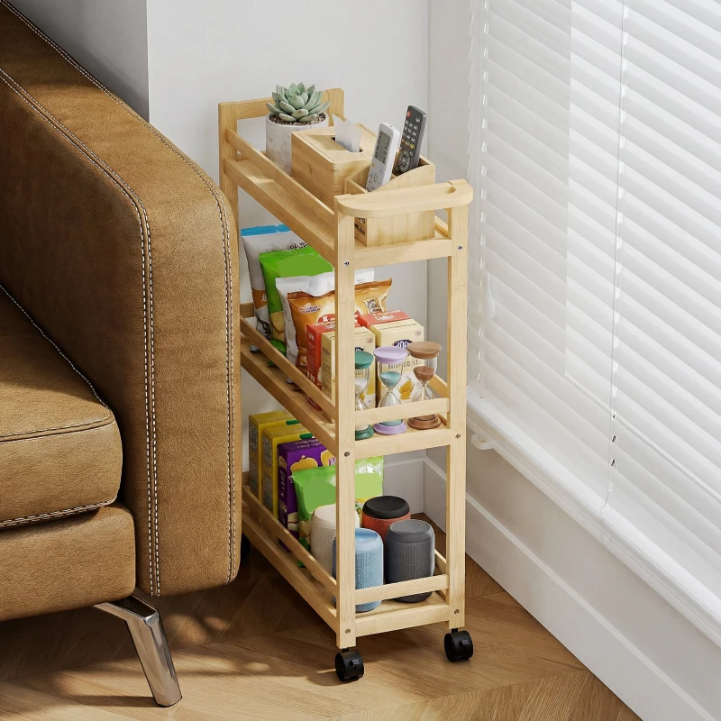 HOMCOM Carrello Portaoggetti per Bagno a 3 Livelli in Bambù, 55x20x75 cm, color Legno