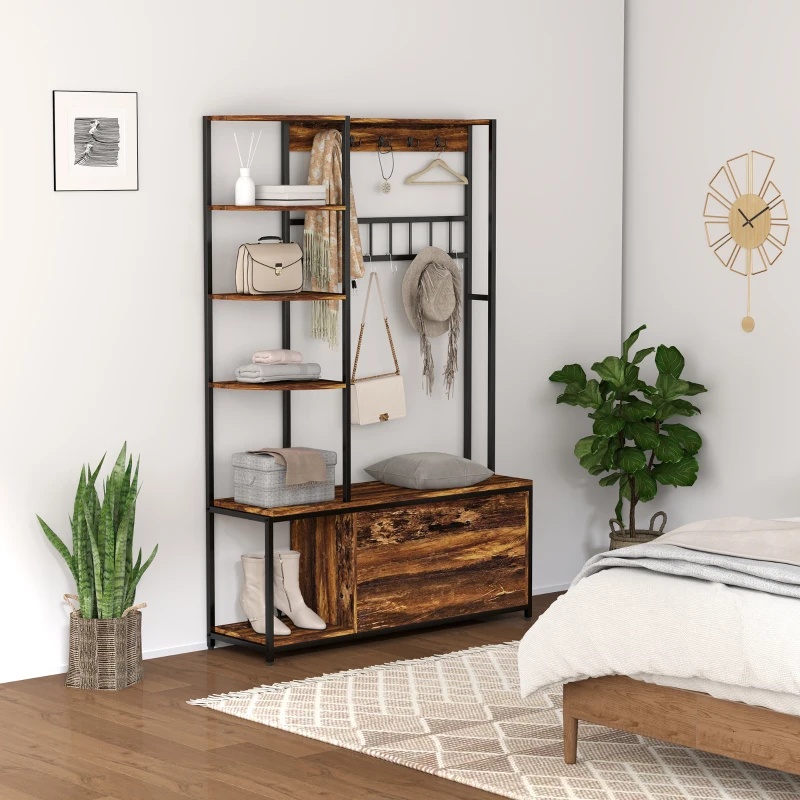 HOMCOM Porte-manteau avec étagère à chaussures 10 crochets, 3 étagères, armoire à chaussures rabattable 2 niveaux, marron