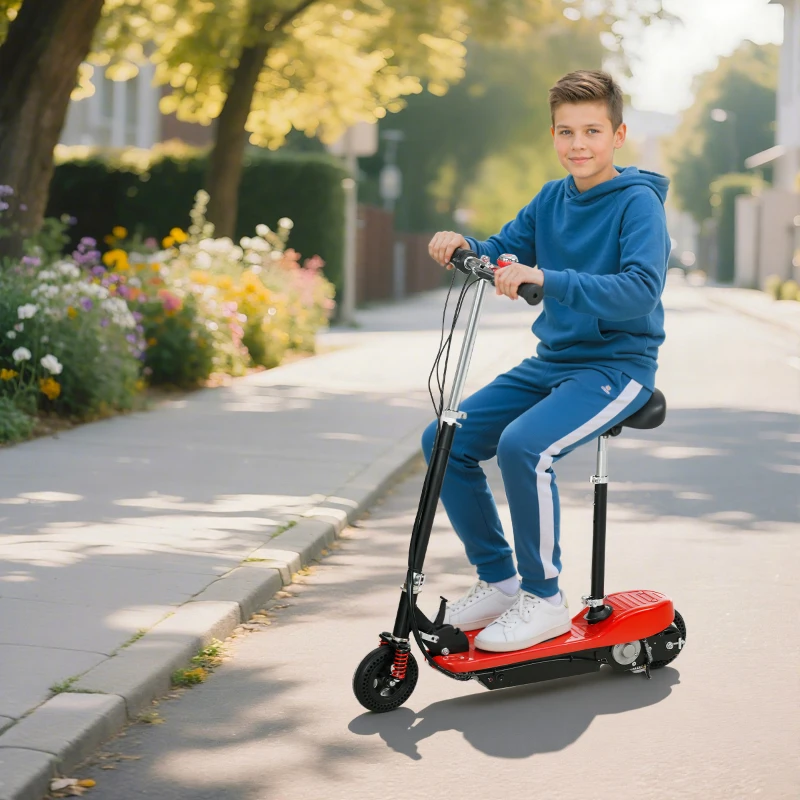HOMCOM Steel Ride on Powered Scooter, Folding E-Scooter with Warning Bell, 15km/h Maximum Speed, for 6-14 Years Old, Red