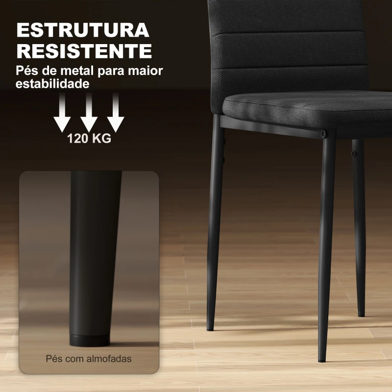 HOMCOM Conjunto de 6 Cadeiras de Sala de Jantar Estofadas em Linho com Pernas em Metal Cadeiras Modernas para Cozinha Quarto Suporta até 120 kg 41x50x97 cm Preto