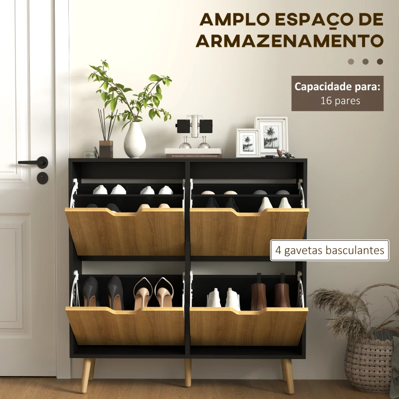 HOMCOM Sapateira para 16 Pares de Sapatos com 4 Gavetas e Prateleiras Ajustáveis 95x26x95 cm Madeira e Preto