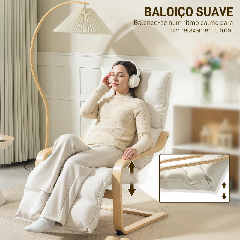 HOMCOM Poltrona de Sala com Apoio para os Pés Ajustável Estofada em Veludo com Estrutura de Madeira 67x93x105 cm Creme