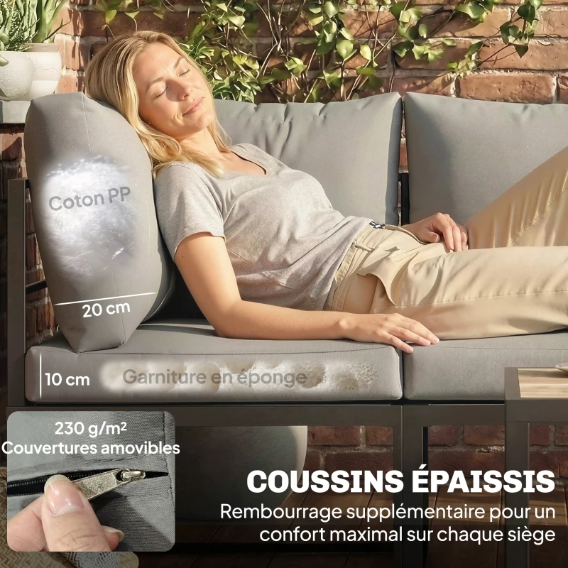 Outsunny Salon de jardin extérieur 6 personnes modulable table basse et plateaux latéraux en bois PSPC coussins épais 10cm gris