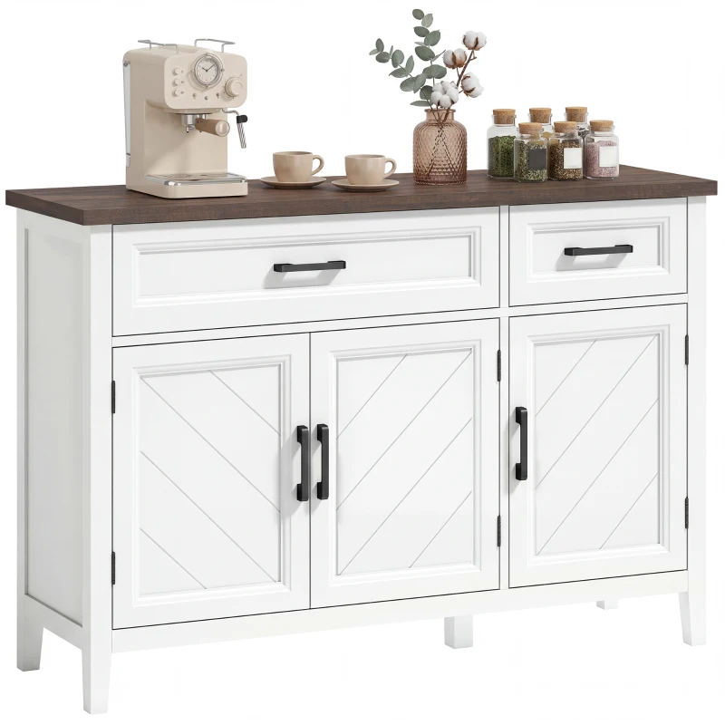 HOMCOM Sideboard, Aufbewahrung mit 3 Chevron-Türen, 2 Schubladen und 2 verstellbaren Einlegeböden, 110 x 35 x 80,5 cm, Weiß