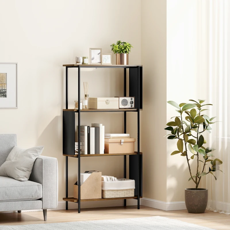 HOMCOM Étagère de rangement, bibliothèque à 4 niveaux avec panneaux latéraux incurvés, cadre en acier, 80x30x141cm, marron