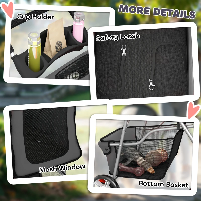 PawHut Dog Pram, Pet Stroller with Reflective Strips, Foldable Cat Stroller with 360° Swivel Wheels, Dark Grey