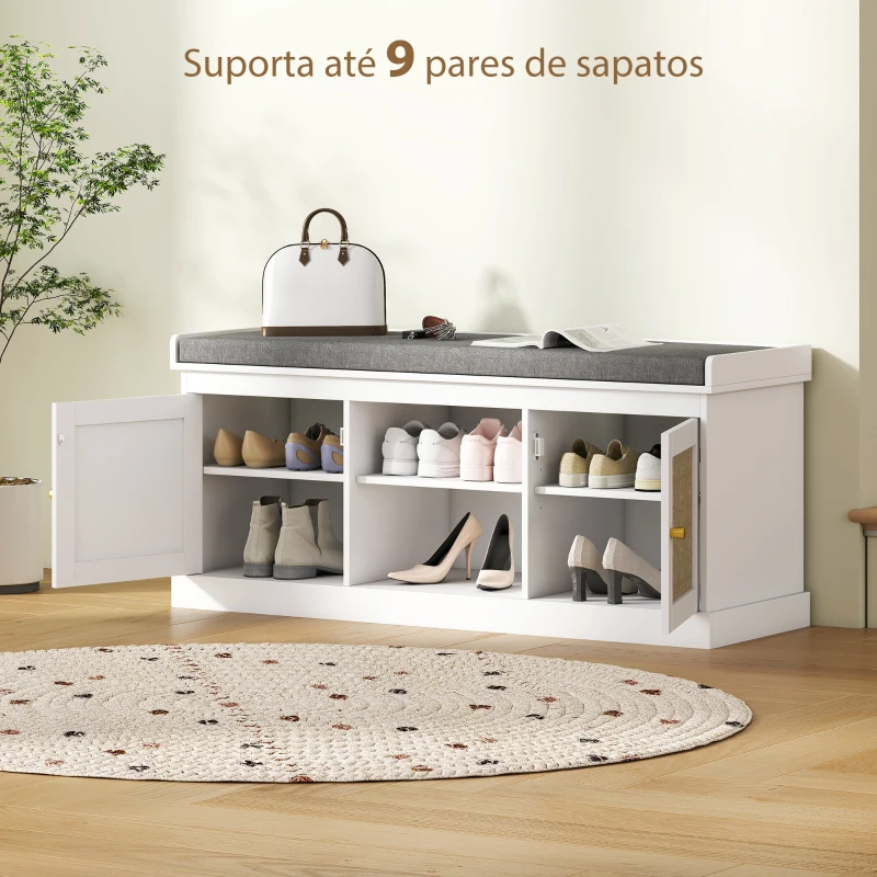 HOMCOM Banco Sapateira com Assento Acolchoado Portas em Vime e Prateleira Aberta para 9 Pares de Sapatos 105x35x47 cm Branco