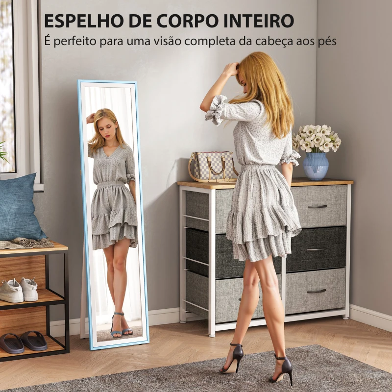 HOMCOM Espelho de Pé 157x37 cm com Moldura em MDF Espelho de Parede Retangular  com 2 Formas de Utilização Branco e Azul