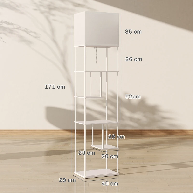HOMCOM Candeeiro de Pé com Prateleiras Brilho e Temperaturas de Cor Ajustáveis 3000K-6500K e Temporizador 40x29x171 cm Branco
