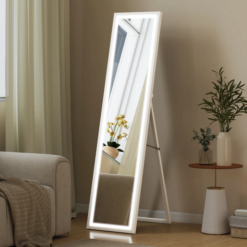 HOMCOM Grand miroir pleine longueur, miroir mural ou sur pied rectangulaire, 40 x 160 cm avec éclairage LED 3 couleurs, blanc