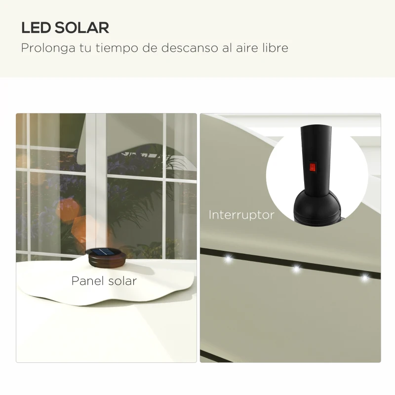 Outsunny Sombrilla de Jardín Manual Ø292x254 cm con 32 Luces LED Solares 8 Varillas Impermeable y Rejillas de Ventilación Crema