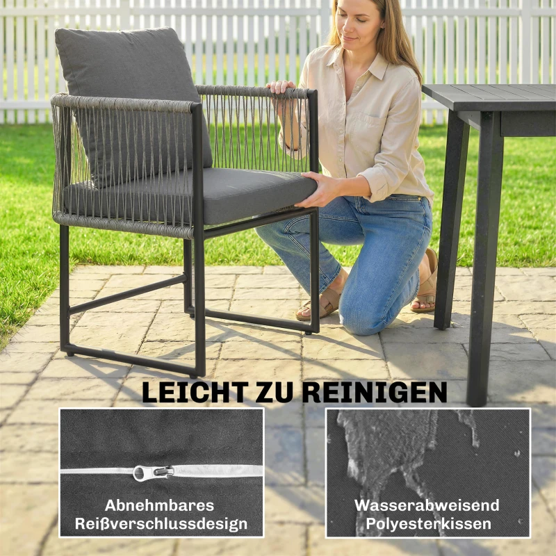 Outsunny Gartenstuhl 2er Set wetterfest Gartenstühle aus Stahl PE-Rattan mit Kissen Armlehne Rückenlehne 52x52x66 cm Dunkelgrau