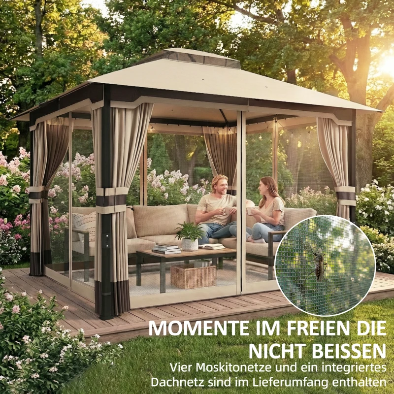 Outsunny Pavillon 3,6x3 m Wasserabweisend Stabil Winterfest Gartenpavillon mit Doppeldach Moskitonetz Seitenteile Abflusslöcher