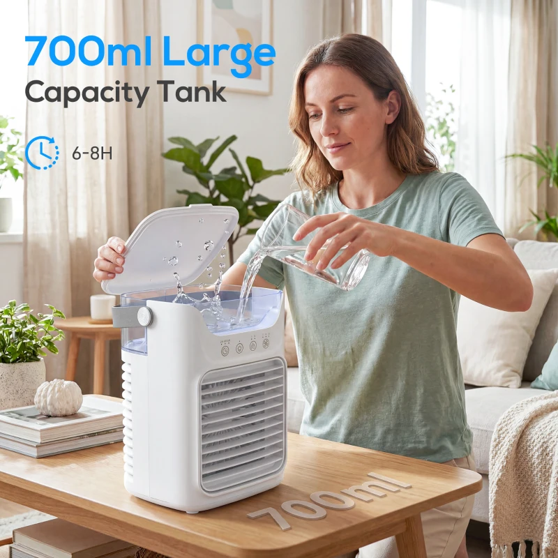 HOMCOM Air Cooler with Adjustable Head, Portable Air Conditioner with 3 Wind Speed, 2 Cool Mist, RGB Light, White