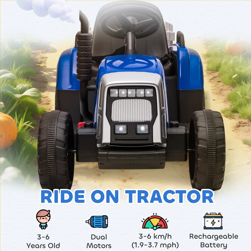 HOMCOM Ride On Tractor, Battery Powered Electric Car, with Detachable Trailer, Remote Control, Music, Blue
