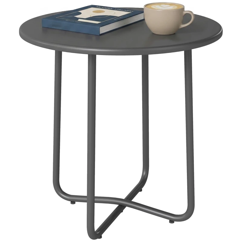 Outsunny 48 cm Round Garden Side Table, Small Metal Outdoor Garden Table with Rolled Edge, Dark Grey
