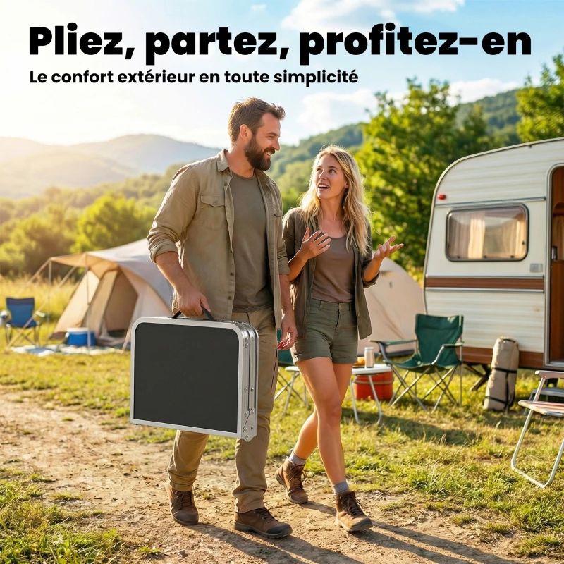 Outsunny Table pliante aluminium, table de camping pliante, poignée 4 hauteurs réglables avec Rangement 60x40x60cm, blanc