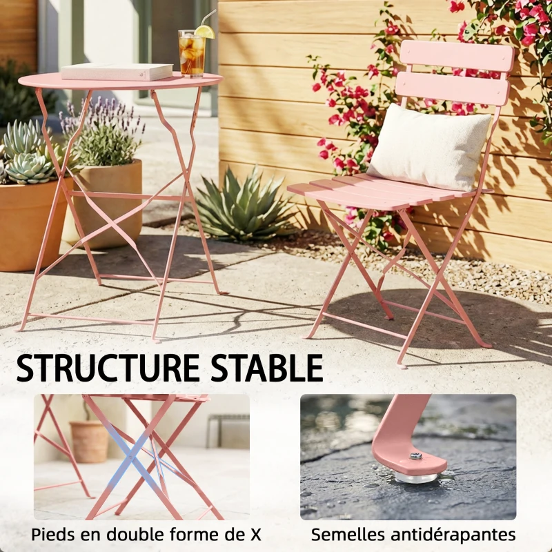Outsunny Ensemble Bistrot de Jardin 3 Pièces Table et 2 Chaises Pliantes à Lattes Double Protection Antirouille Rose