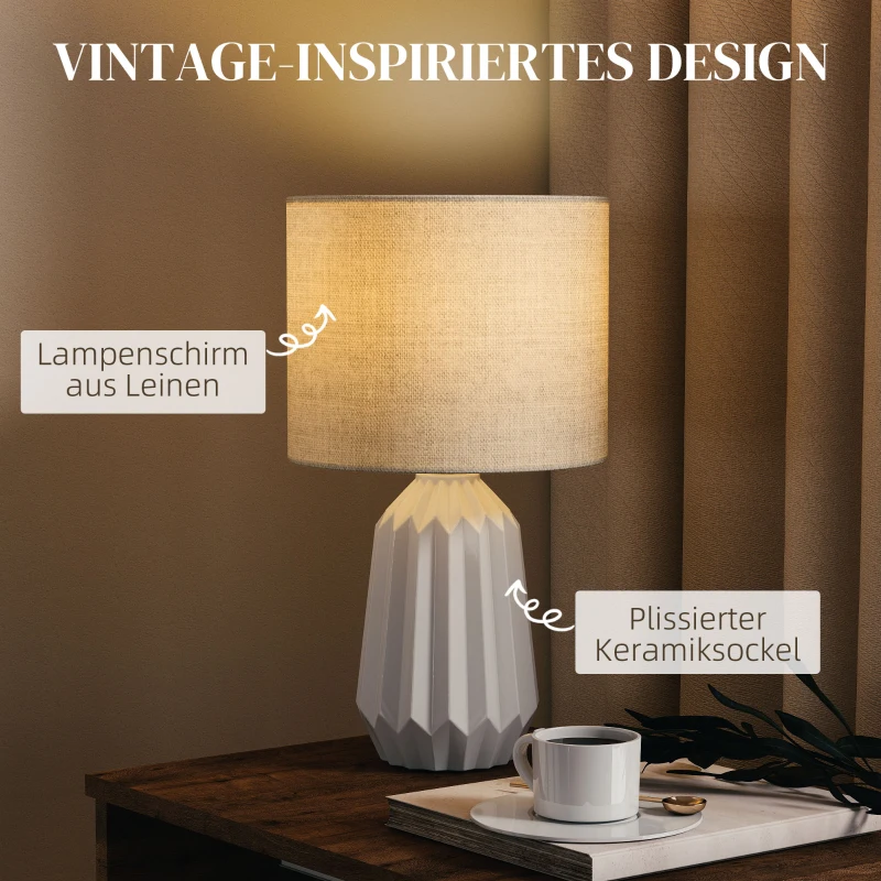 HOMCOM Tischlampe, Tischleuchte, Nachttischlampe mit Leinenschirm, Wippschalter, Schreibtischlampe, 22 x 22 x 39 cm, Weiß