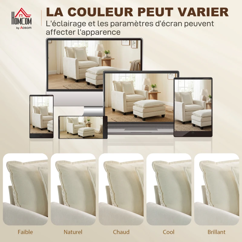 HOMCOM Fauteuil salon avec repose-pied, canapé 1 place en chenille, assise large, rembourrage double couche, 85x128x86cm, crème
