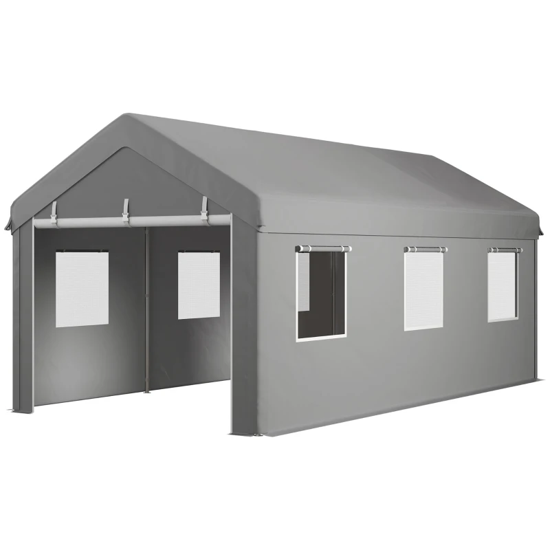 Outsunny Tenda Garagem 295x600x278 cm Tenda de Exterior Resistente com 2 Portas Enroláveis e 6 Janelas Cinzento