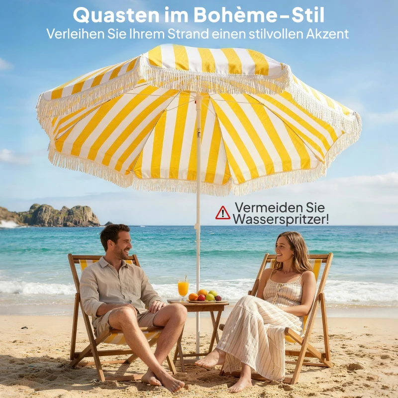 Outsunny Sonnenschirm Strand Ø180 cm Strandschirm mit Sandanker verstellbarer Neigung Tragetasche für Reisen Strand Gelb+Weiß