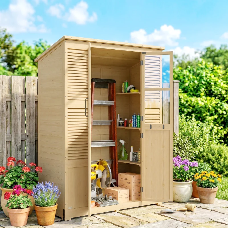 Outsunny Houten Tuinschuur Inloop Gereedschapsschuur met Planken Acrylramen Dubbele Deur Asfalt Dak Lamellenventilatie Bodemplaat
