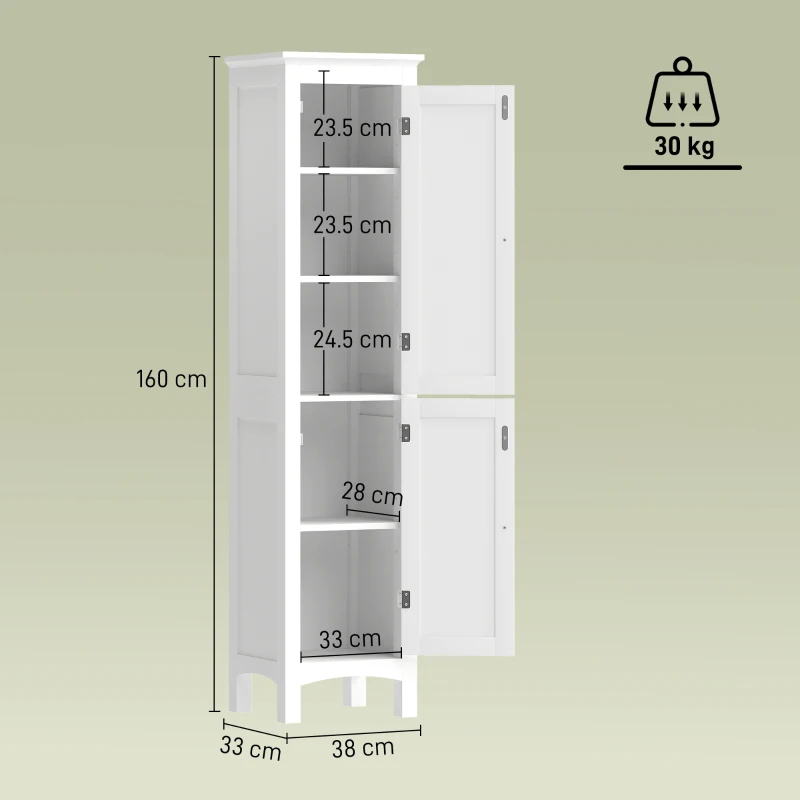 kleankin Tall Bathroom Storage Unit, Slim Bathroom Cabinet with Adjustable Shelves and Double Door, White