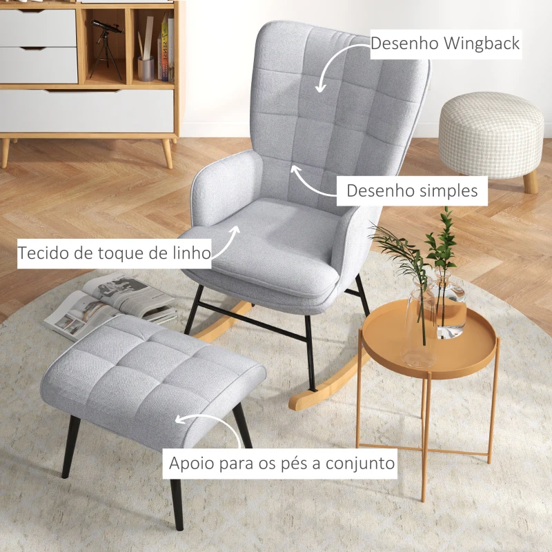 HOMCOM Poltrona Baloiço com Apoio para os Pés Poltrona Relax com Almofada Acolchoada e Anti-Tombo 64x89x90 cm Cinzento