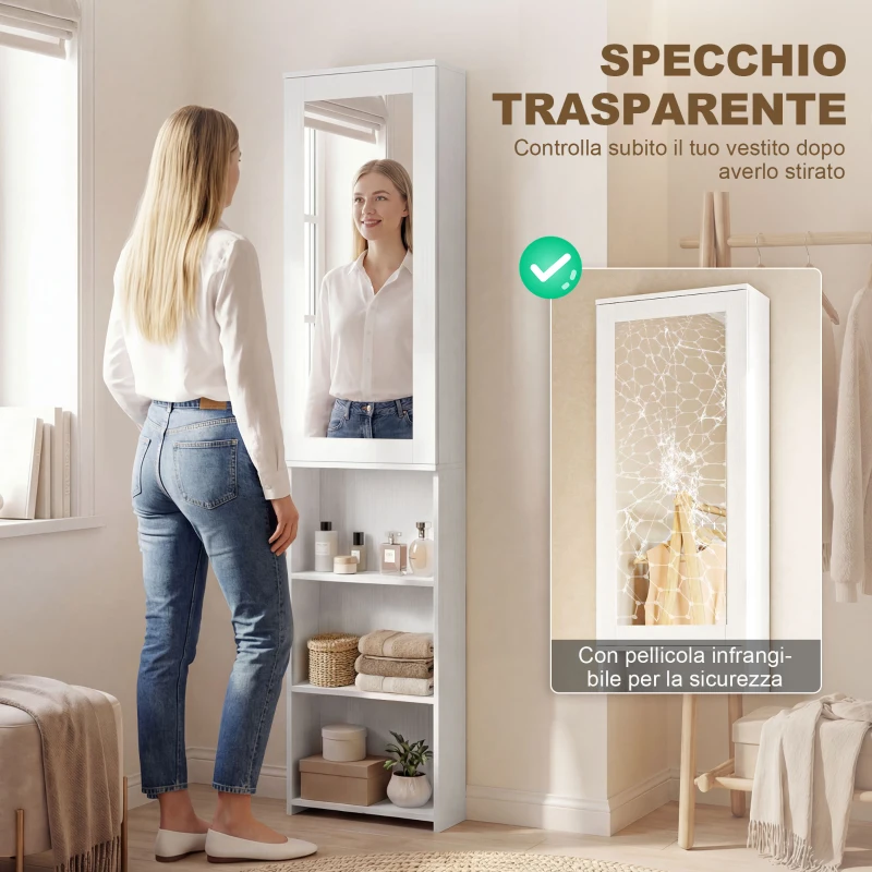 HOMCOM Mobile Asse da Stiro Pieghevole a 6 Ripiani con Specchio e 2 Ganci, in Legno e Poliestere, 107x35x174 cm, Bianco