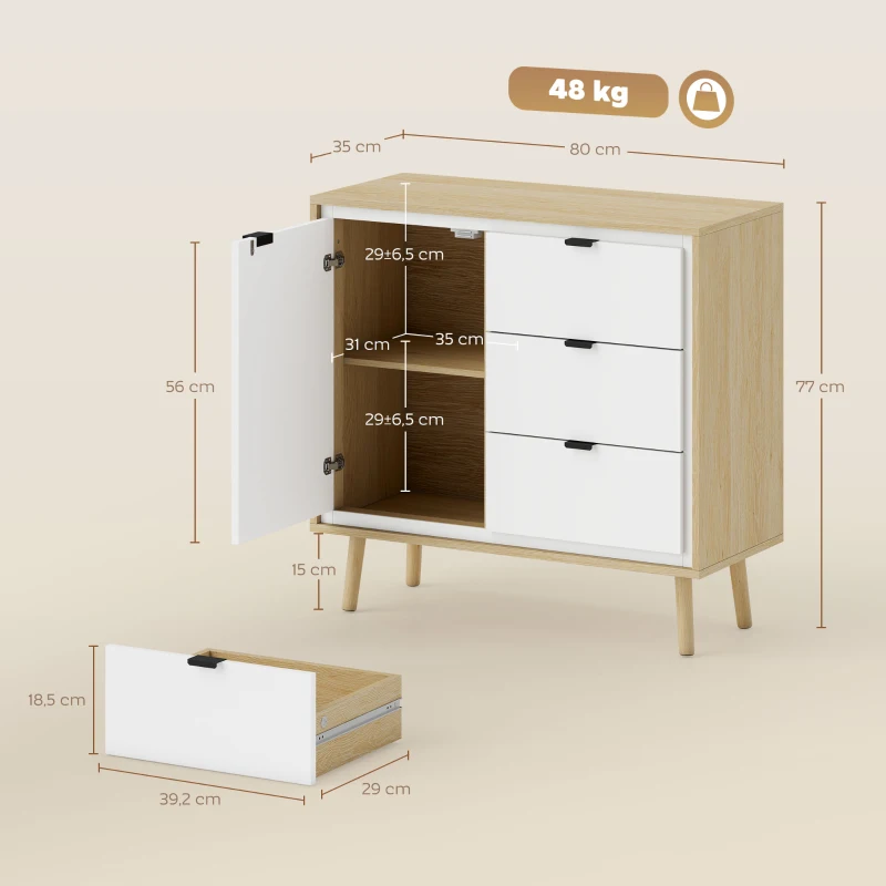 HOMCOM Buffet salon meuble de rangement armoire de cuisine placard à 2 portes 3 tiroirs et étagère réglable, 80x35x77cm, blanc