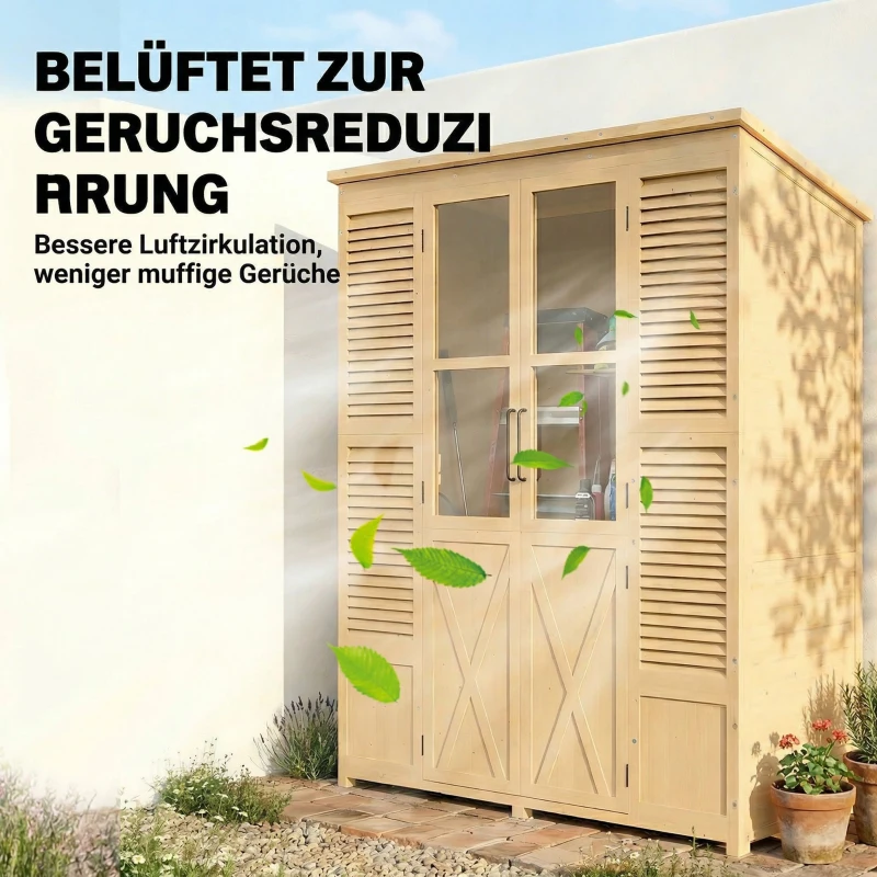 Outsunny Houten Tuinschuur Inloop Gereedschapsschuur met Planken Acrylramen Dubbele Deur Asfalt Dak Lamellenventilatie Bodemplaat
