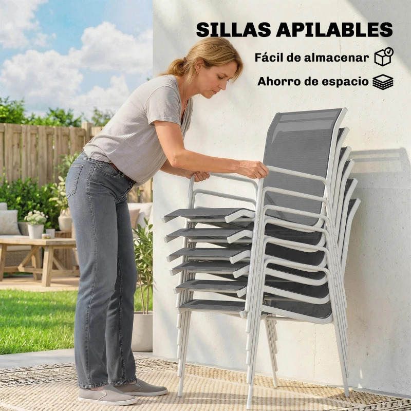 Outsunny Conjunto de Mesa y Sillas Jardín con Mesa de Vidrio Templado 6 Sillas Apilables Transpirables para Terraza Gris