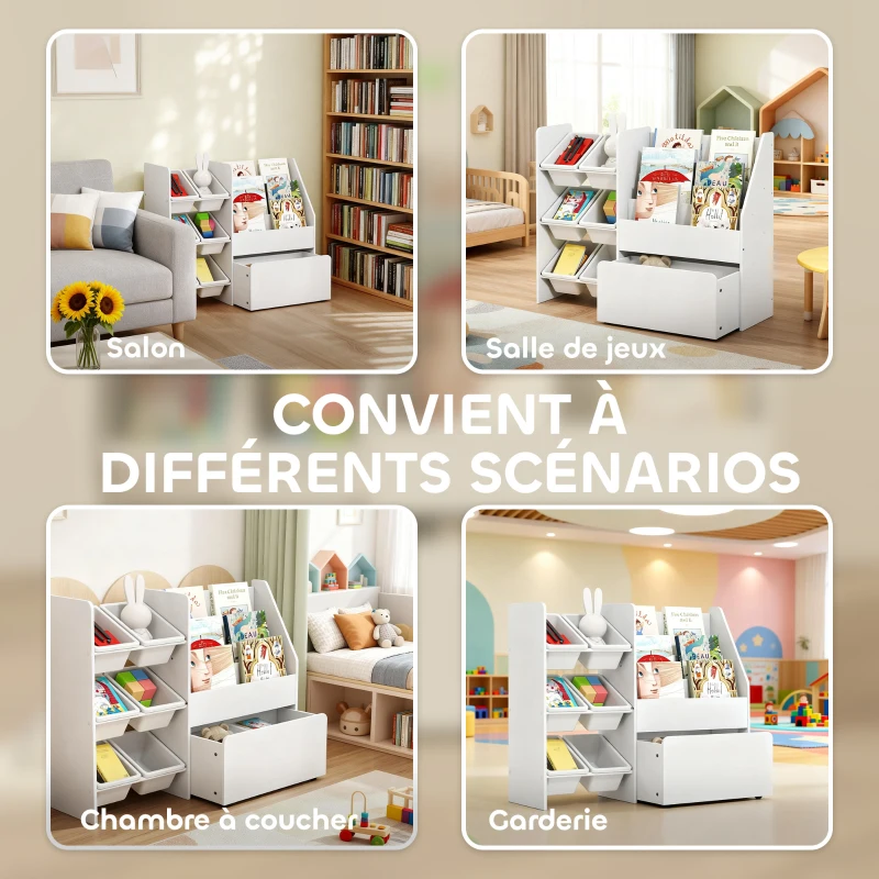 AIYAPLAY Meuble rangement enfant rangement jouet enfant 6 bacs amovibles et grand coffre à roulettes 100 x 30 x 80 cm blanc