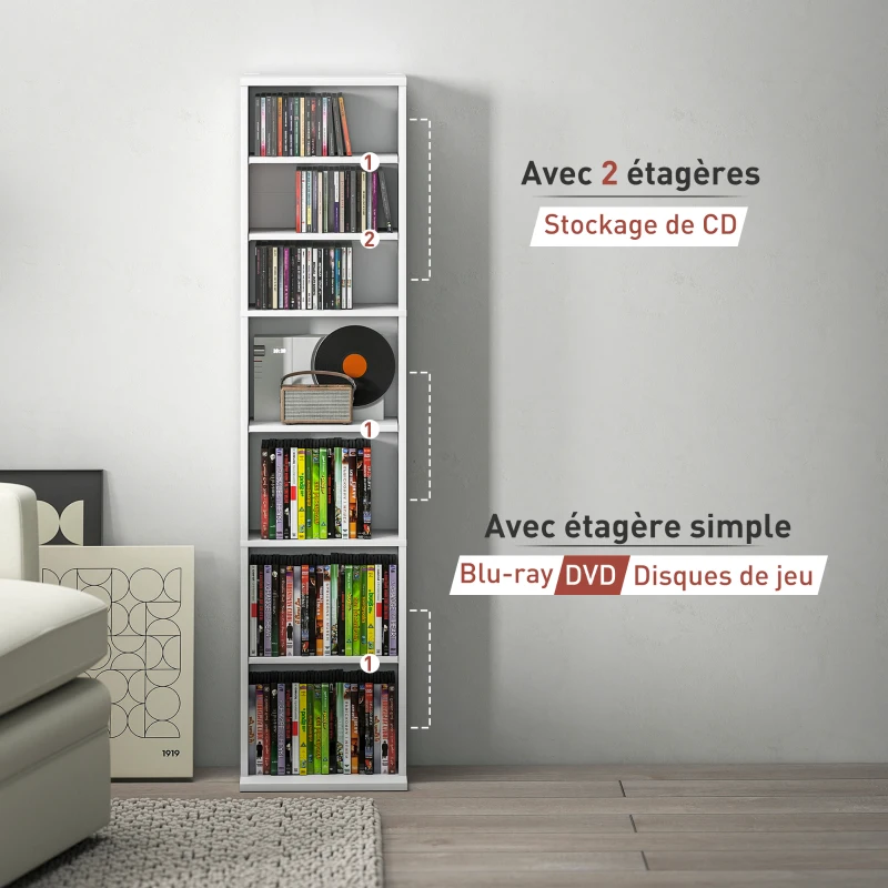HOMCOM Rangements pour CD et DVD 9 compartiments et 6 étagères réglables capacité max. 260 CD/120 DVD 33 x 24 x 140 cm blanc