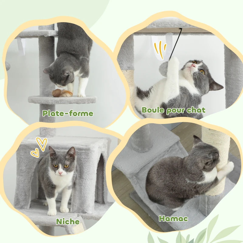 PawHut Arbre à chat du sol au plafond griffoir pour chat hauteur réglable 225-255 cm 6 niveaux avec niche hamac gris clair