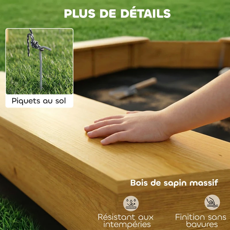 AIYAPLAY Bac à sable en bois avec auvent, bac à sable enfant extérieur avec 4 bancs, doublure de fond, jaune