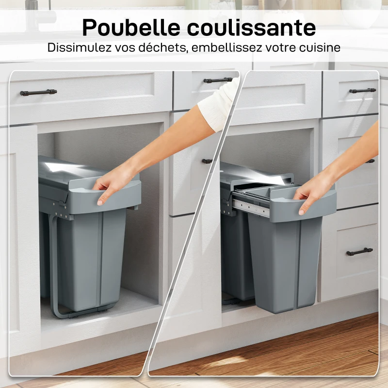 HOMCOM Poubelle cuisine coulissante 30L avec 2 compartiments, poubelle sous évier avec couvercle givré, 52x26x40,8cm, gris