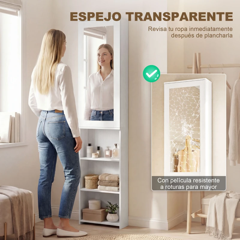 HOMCOM Mueble de Plancha con Espejo Tabla de Planchar Plegable 6 Compartimentos 2 Ganchos 107x35x174 cm Blanco