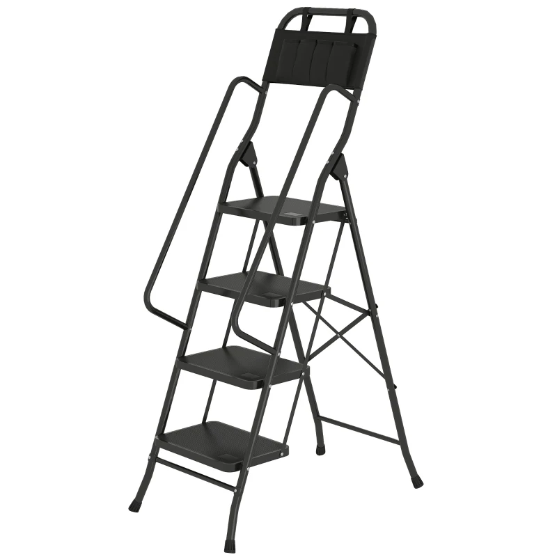 HOMCOM Escada Dobrável com 4 Degraus Apoio para os Braços e Suporte para Ferramentas 50x83x157,5 cm Preto