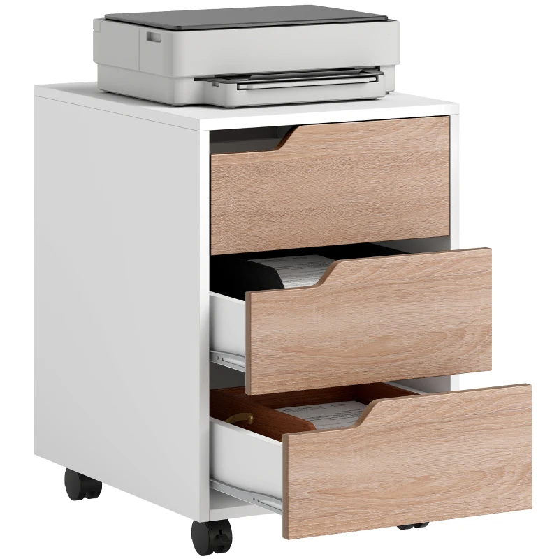 HOMCOM Caisson bureau mobile, meuble rangement bureau sur roulettes, 3 tiroirs, 40x50x57,5cm, blanc et chêne