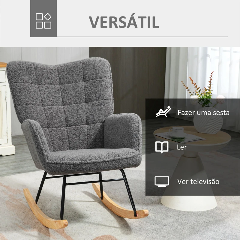 HOMCOM Poltrona Baloiço em Borrego com Oscilação de 40° Pés de Madeira de Faia e Estrutura de Aço 71x98x101 cm Cinzento Escuro