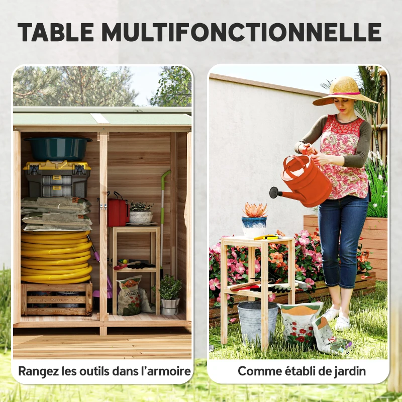 Outsunny Abri de jardin en bois armoire de jardin en bois avec table, toit en asphalte, 140 x 75 x 157 cm, effet bois naturel