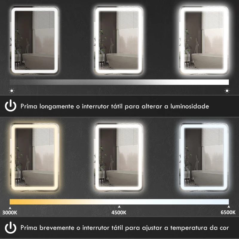 HOMCOM Espelho Casa de Banho com Luzes LED 70x90 cm Função Antiembaciamento 3 Temperaturas de Cor Ajustável e Função de Memória Prata