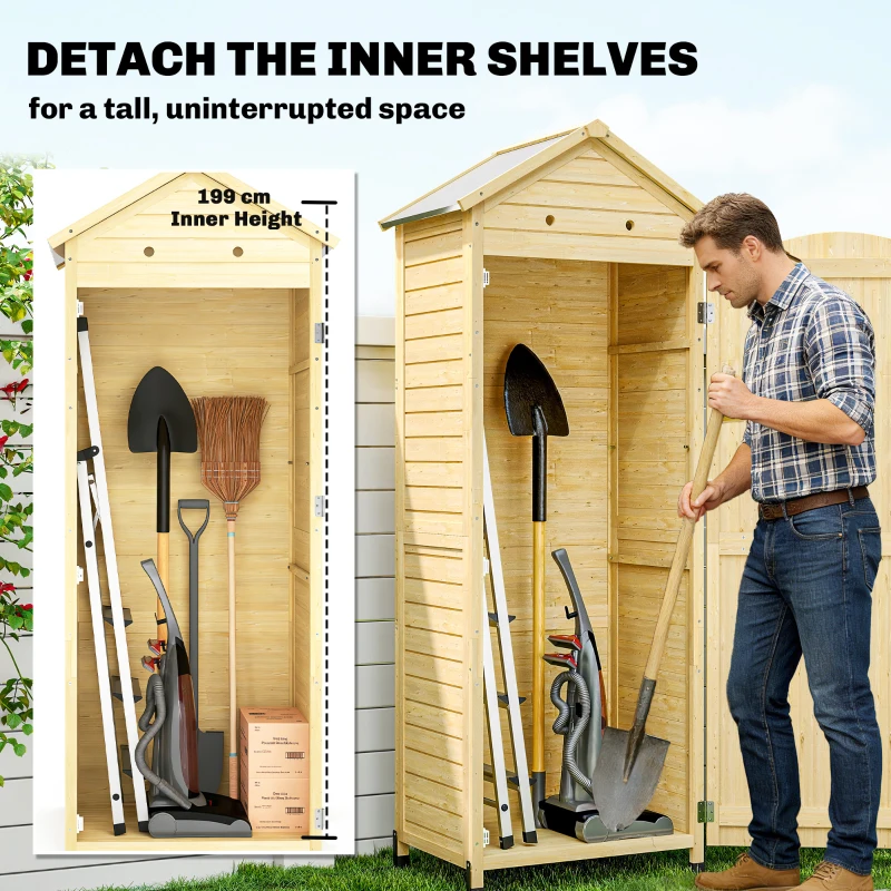 Outsunny Wysoki drewniany schowek na narzędzia z regulowanymi półkami, magnetycznymi drzwiami, galwanizowanym dachem i wentylacją