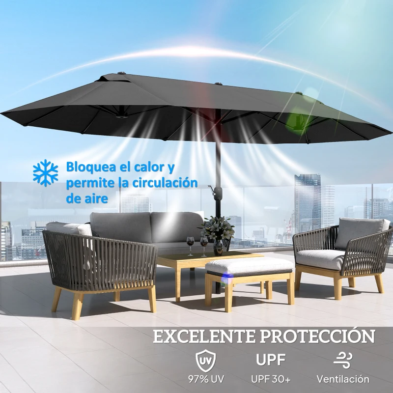 Outsunny Sombrilla Doble para Jardín 455x265x238 cm Parasol Grande con Manivela Manual Protección Solar Color Negro