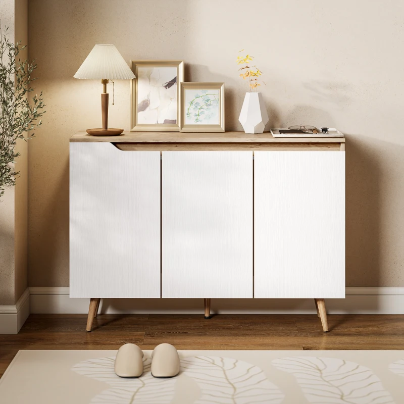 HOMCOM Buffet salon, meuble de rangement, 3 portes, étagères réglables et pieds en bois d'hévéa, 107x35x76,5cm, blanc et chêne